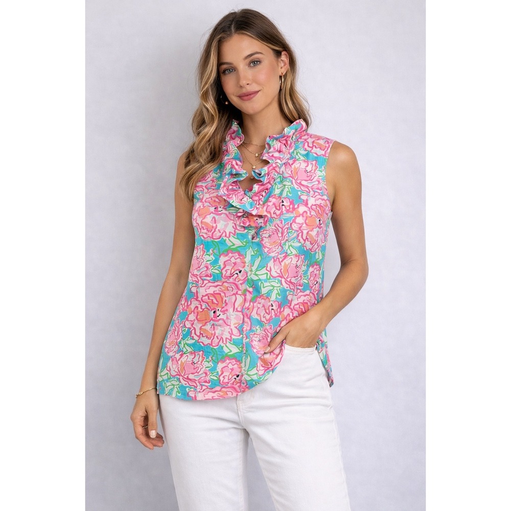 Mud Pie Sleeveless Top Womens Medium Pink Blue Floral Ruffle Neck Preppy Blouse